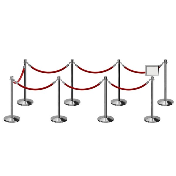 Montour Line Stanchion Post & Rope Kit Pol.Steel, 8CrownTop 7RedRope 8.5x11H Sign C-Kit-7-PS-CN-1-Tapped-1-8511-H-7-PVR-RD-PS